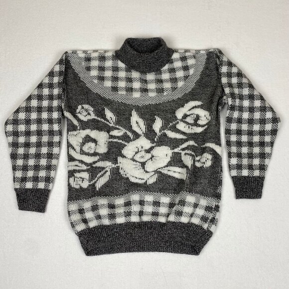 Vintage Made in USA 80s Jamnits Floral Roses Black White Checkered Knit Sweater - Picture 1 of 6